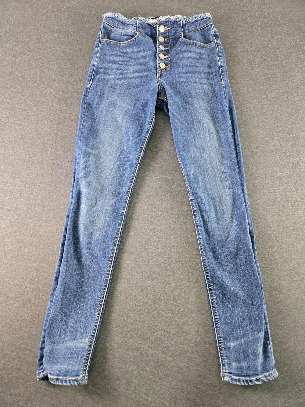 Express Jeans Womens 27 Blue High Rise Distressed Skinny Button Fly Denim